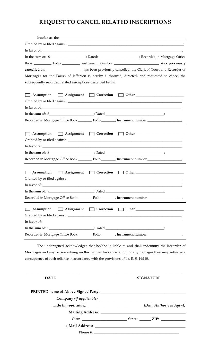 Request To Cancel Related Inscriptions | Pdf Fpdf Docx | Louisiana