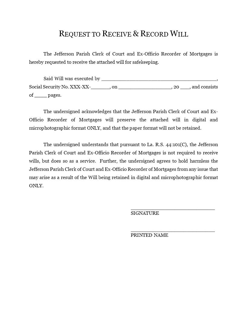 Request To Receive And Record Will | Pdf Fpdf Docx | Louisiana