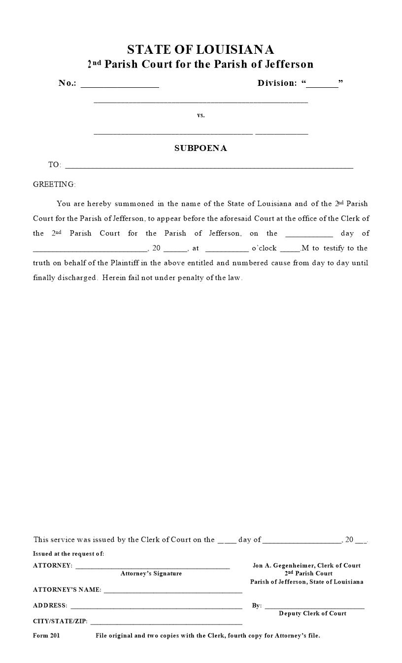 Subpoena (2nd Parish Court) | Pdf Fpdf Docx | Louisiana