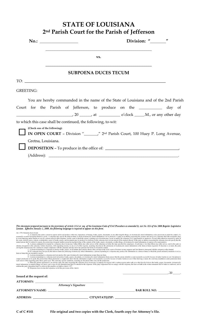 Subpoena Duces Tecum (2nd Parish Court) | Pdf Fpdf Docx | Louisiana
