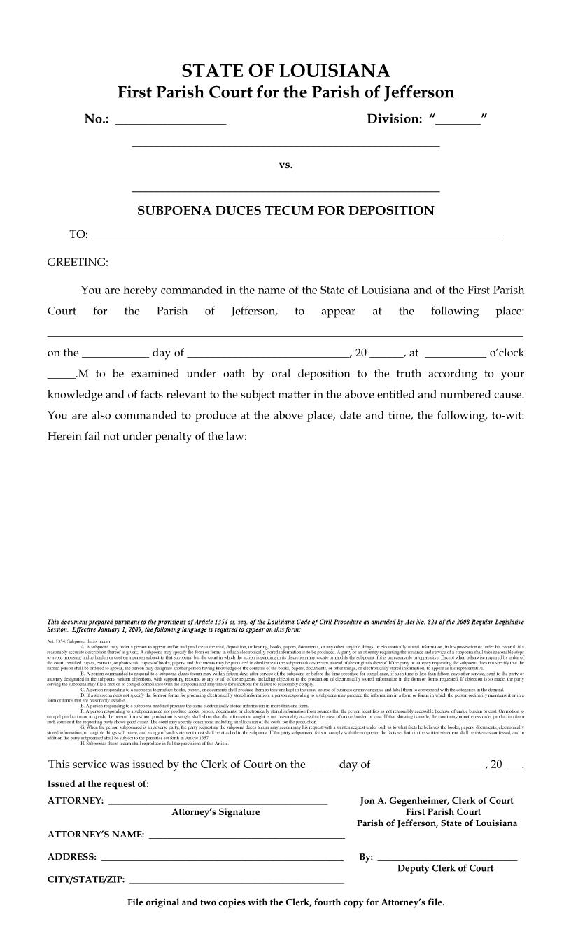 Subpoena Duces Tecum For Deposition (1st Parish Court) | Pdf Fpdf Docx | Louisiana
