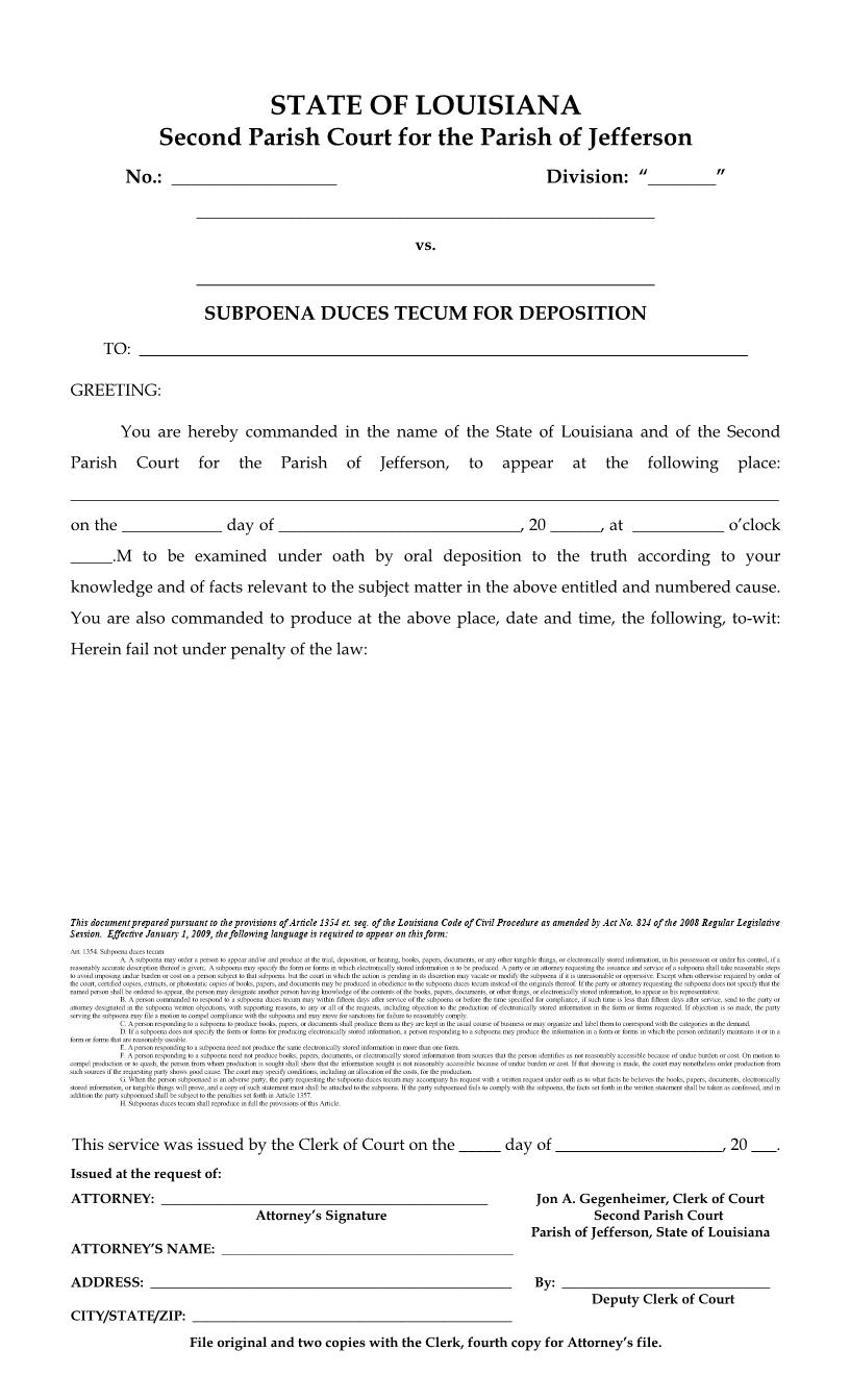 Subpoena Duces Tecum For Deposition (2nd Parish Court) | Pdf Fpdf Docx | Louisiana