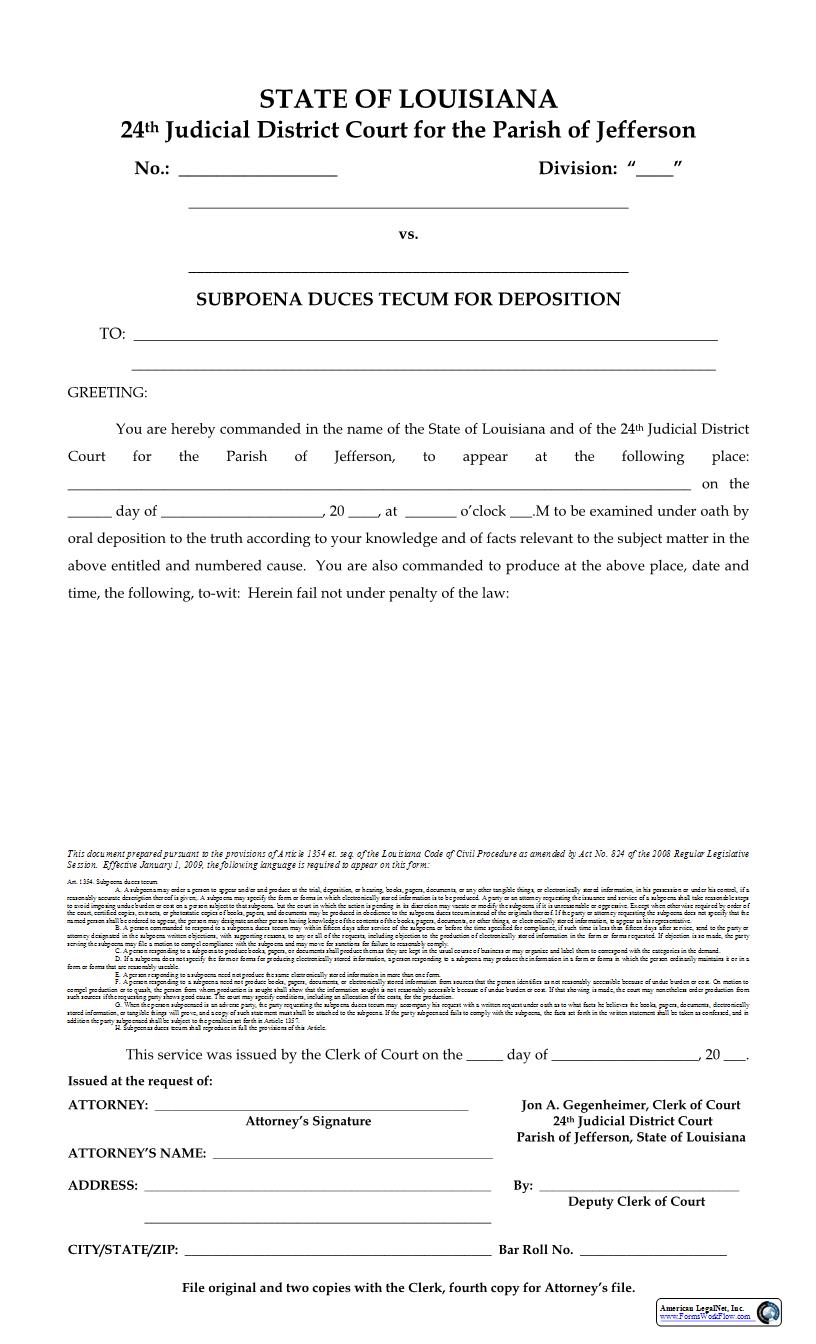 Subpoena Duces Tecum For Deposition | Pdf Fpdf Docx | Louisiana