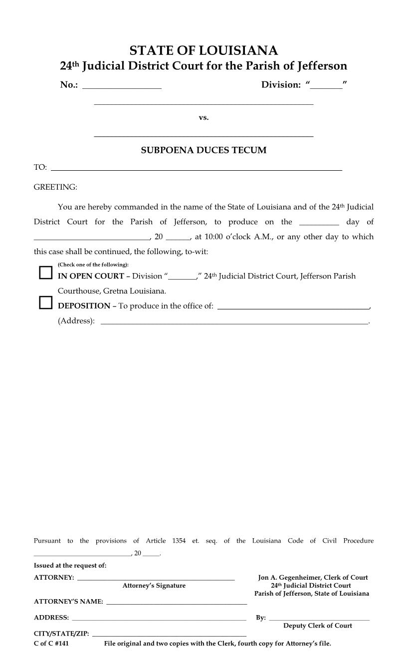 Subpoena Duces Tecum | Pdf Fpdf Docx | Louisiana