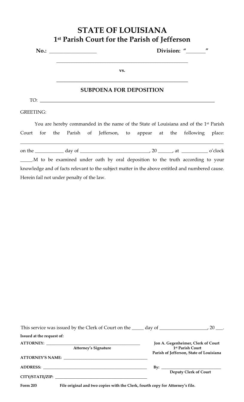 Subpoena For Deposition (1st Parish Court) | Pdf Fpdf Docx | Louisiana