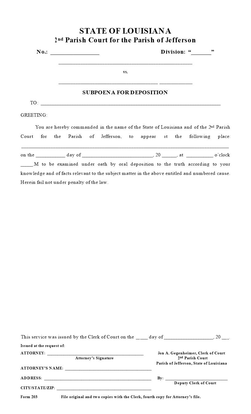 Subpoena For Deposition (2nd Parish Court) | Pdf Fpdf Docx | Louisiana