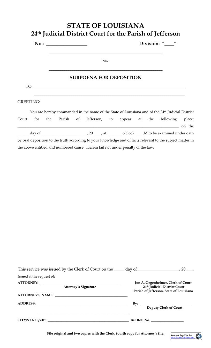 Subpoena For Deposition | Pdf Fpdf Docx | Louisiana