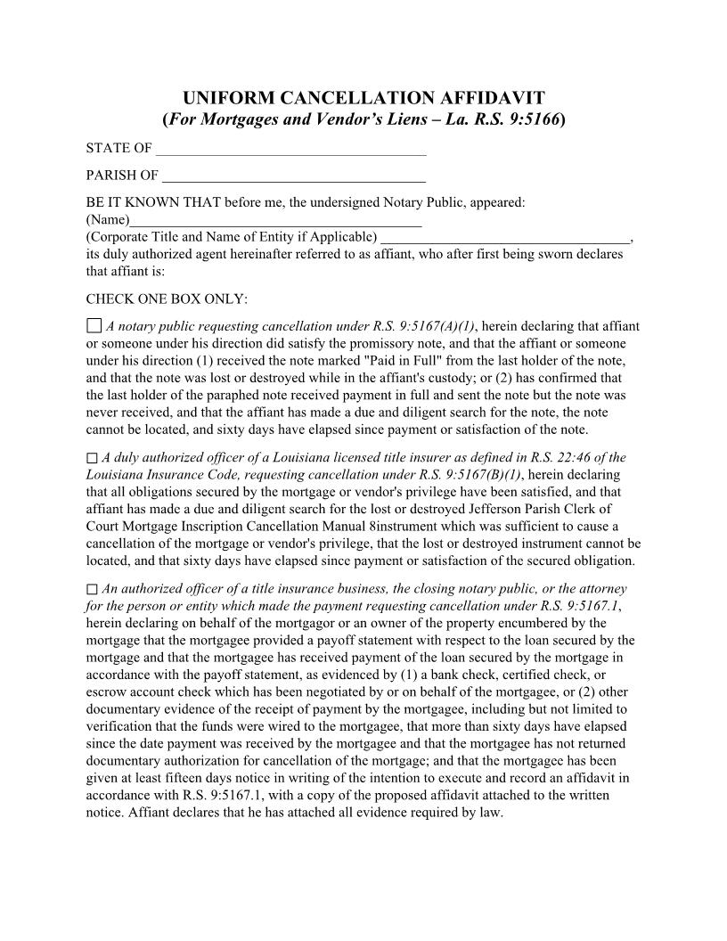 Uniform Cancellation Affidavit (For Mortgages And Vendors Liens) | Pdf Fpdf Docx | Louisiana