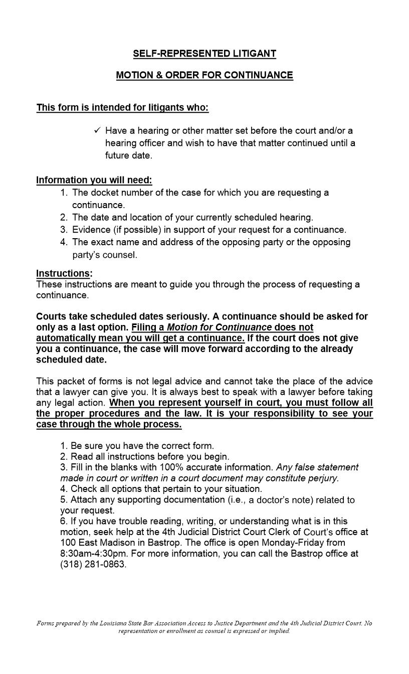 Motion And Order For Continuance | Pdf Fpdf Docx | Louisiana