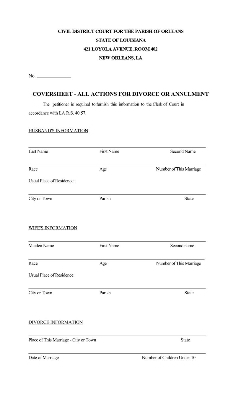 Cover Sheet - All Actions For Divorce Or Annulment | Pdf Fpdf Doc Docx | Louisiana