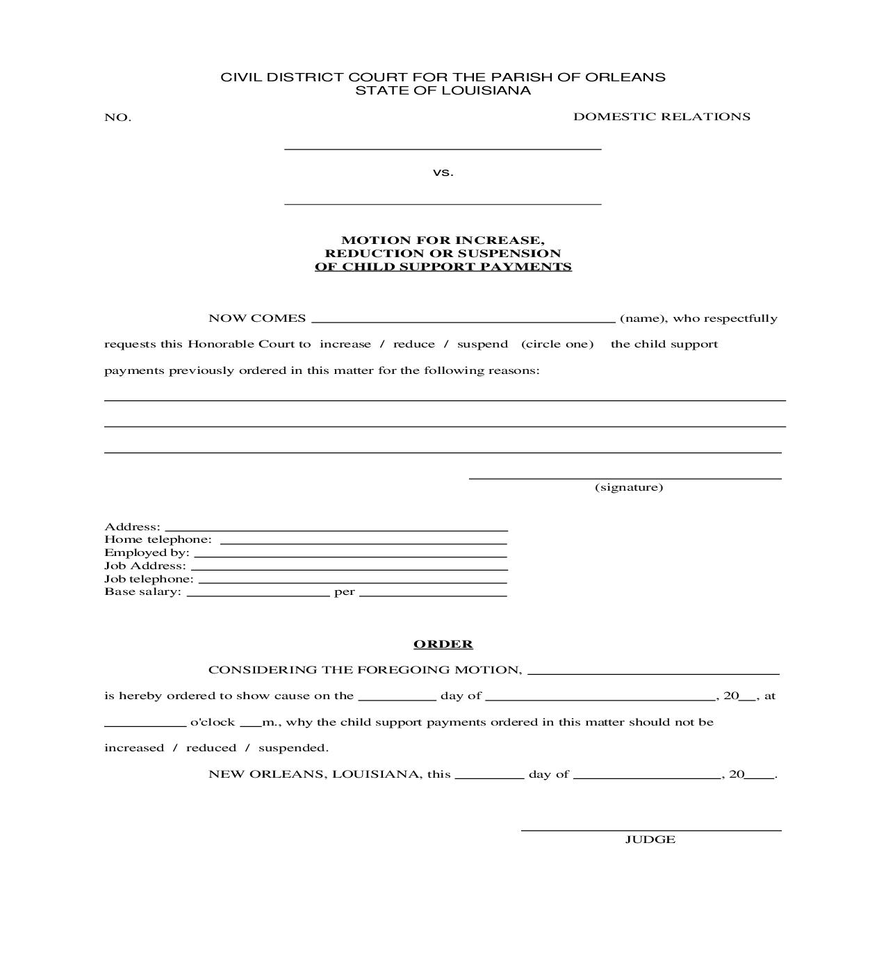 Motion For Increase Reduction Or Suspension Of Child Support Payments | Pdf Fpdf Doc Docx | Louisiana