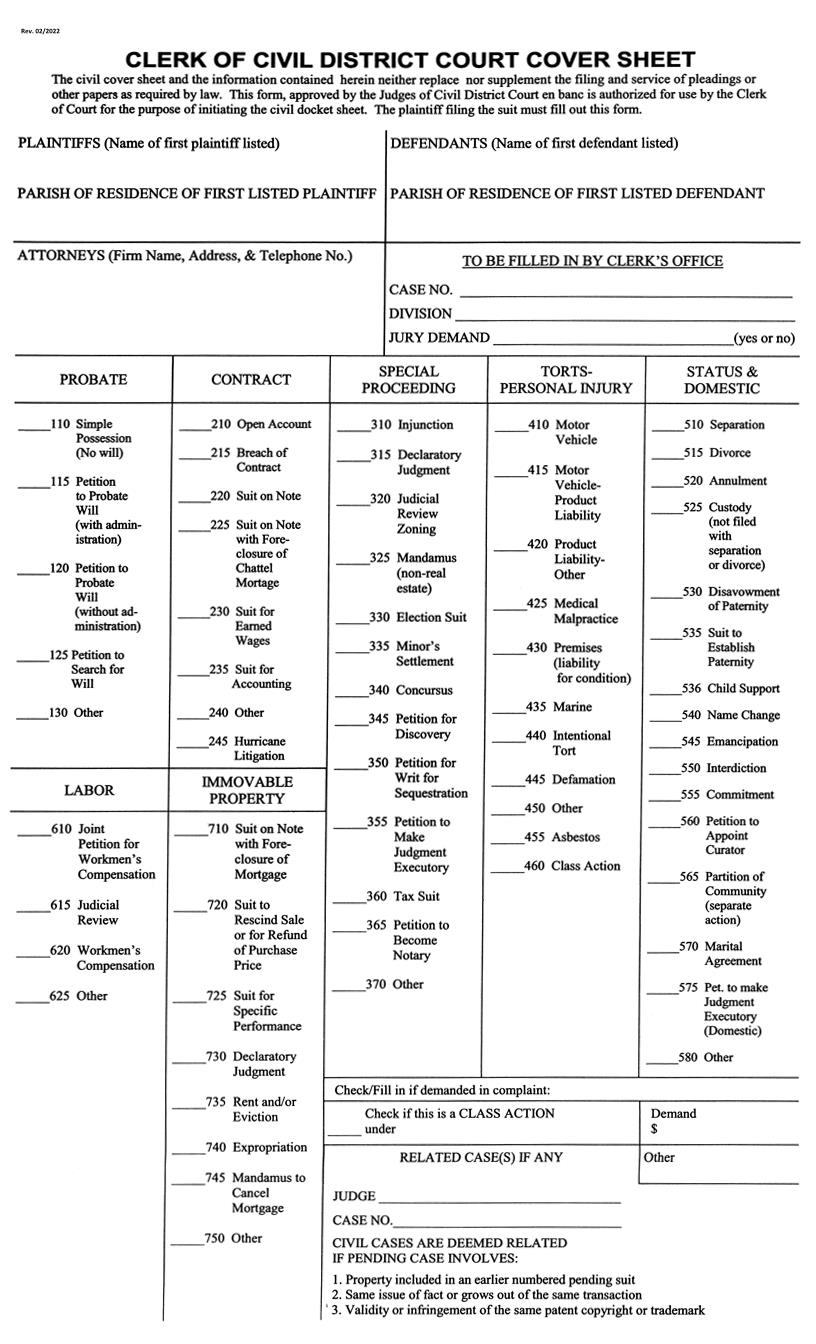 Clerk Of Civil District Court Cover Sheet | Pdf Fpdf Doc Docx | Louisiana