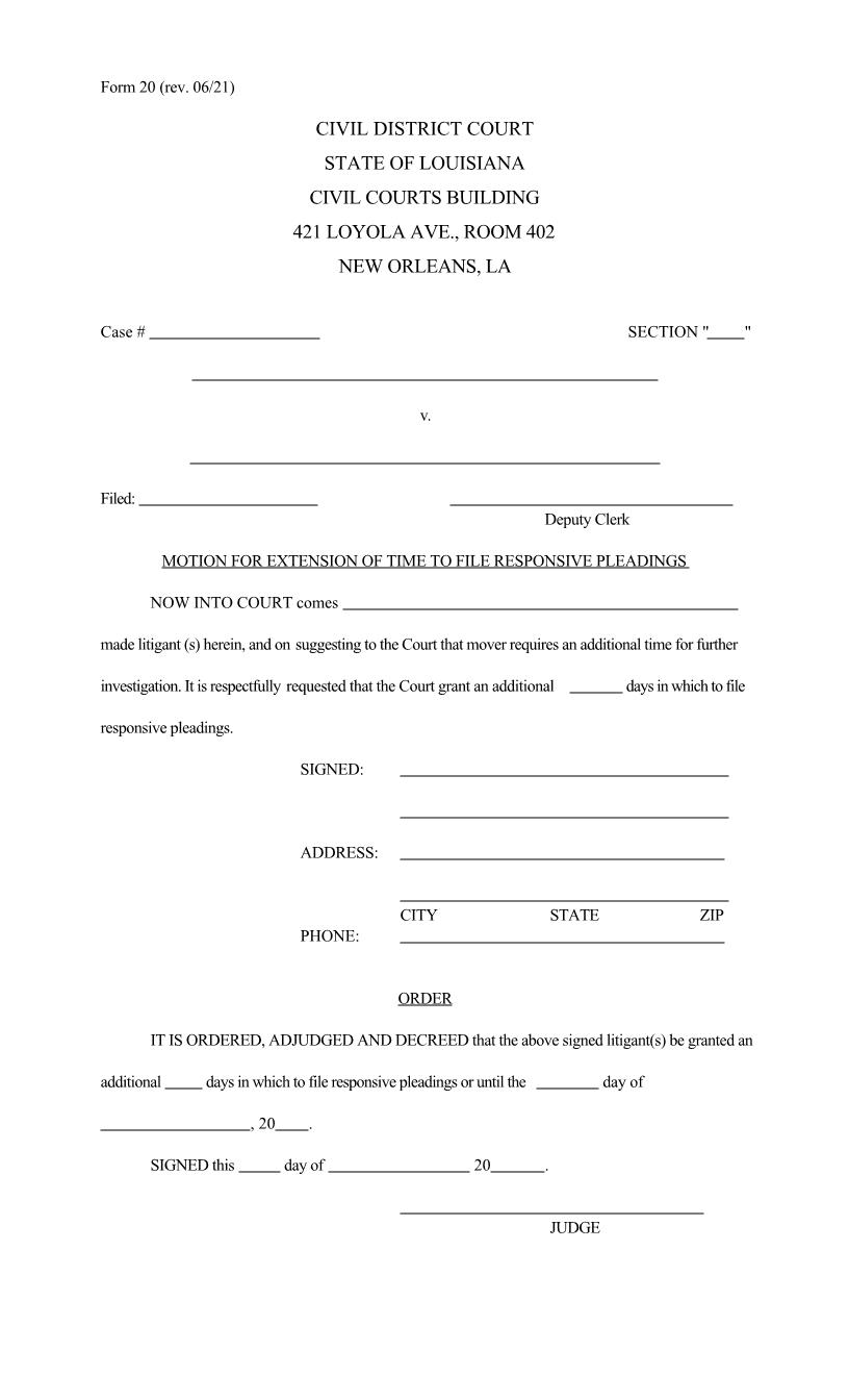 Motion For Extension Of Time To File Responsive Pleadings {20} | Pdf Fpdf Doc Docx | Louisiana