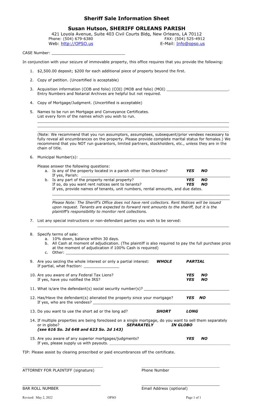 Sheriff Sale Information Sheet | Pdf Fpdf Doc Docx | Louisiana