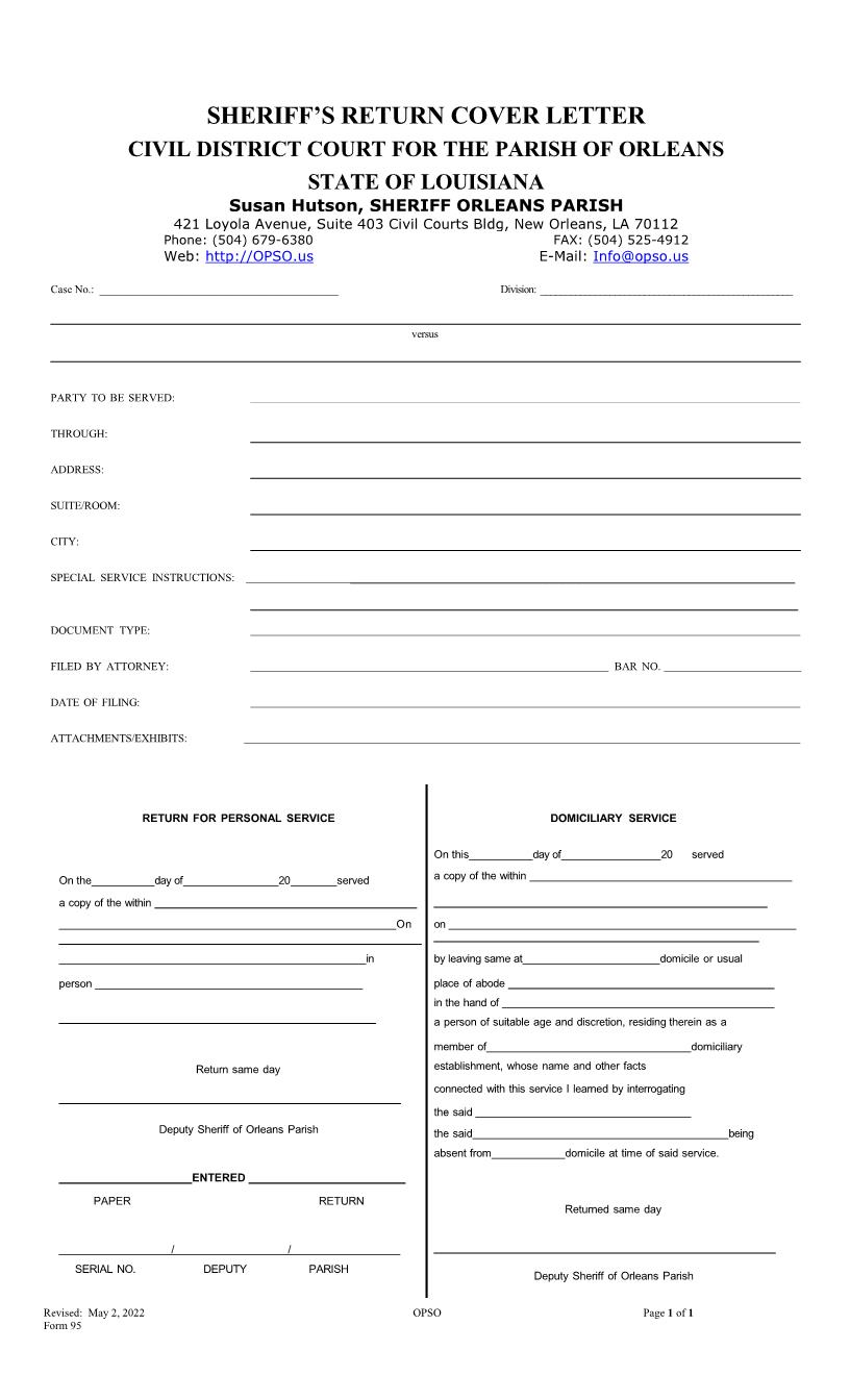 Sheriffs Return Cover Sheet {95} | Pdf Fpdf Doc Docx | Louisiana