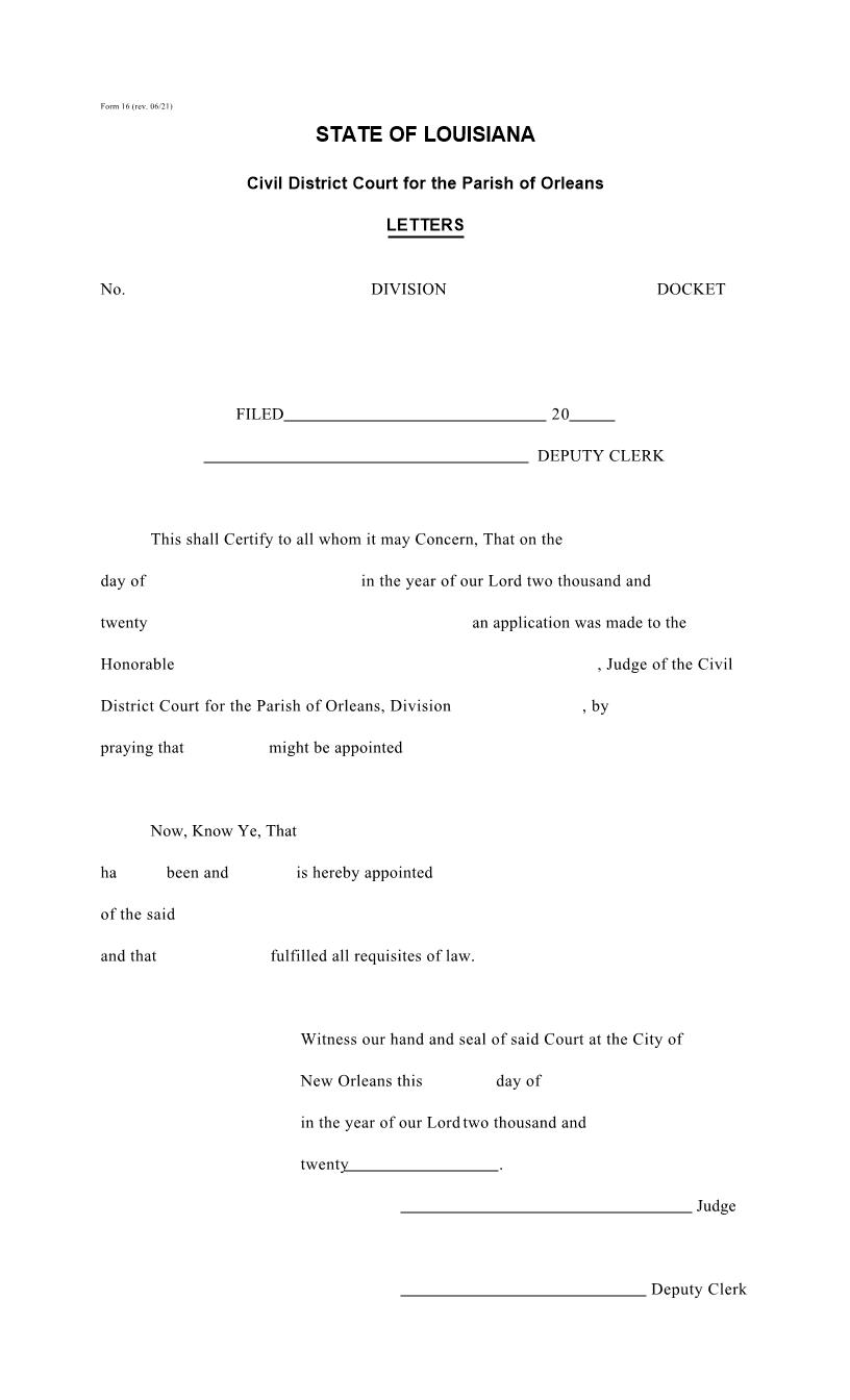 Letters (Of Administration-Curatorship-Trusteeship-Dative Testamentary Executor) {16} | Pdf Fpdf Doc Docx | Louisiana