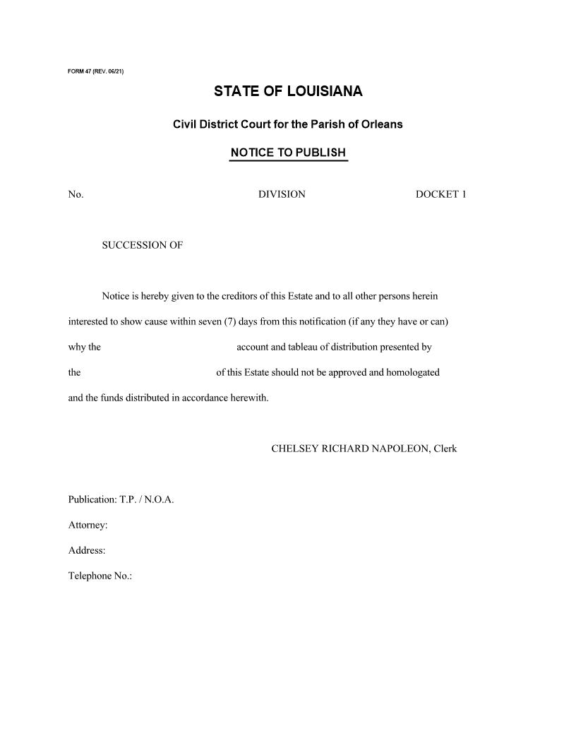 Notice To Publish (Account And Or Tableau Of Distribution) {47} | Pdf Fpdf Doc Docx | Louisiana