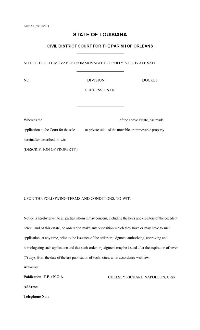 Notice To Sell Movable Or Immovable Property At Private Sale {86} | Pdf Fpdf Doc Docx | Louisiana