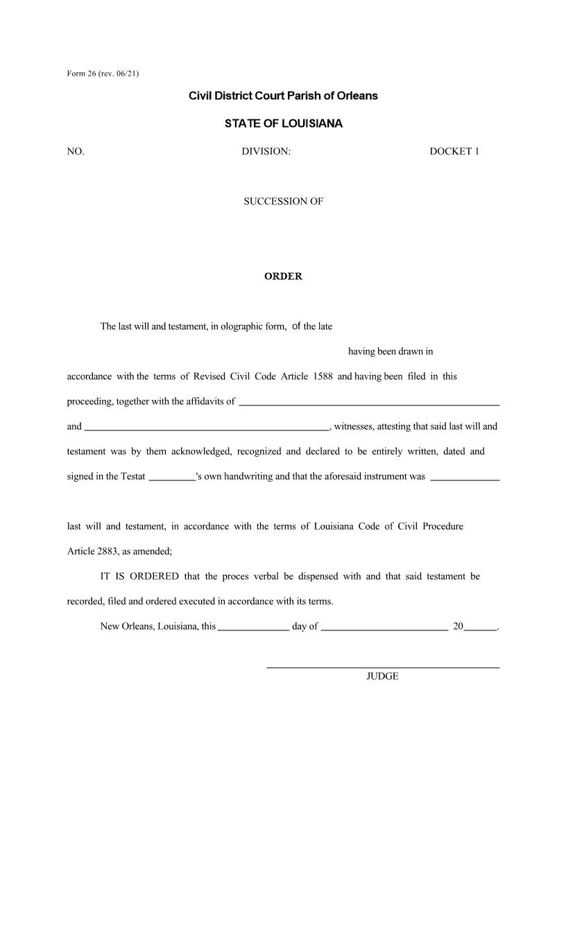 Order (To Dispense With Process Verbal - For Holographic Will) {26} | Pdf Fpdf Doc Docx | Louisiana