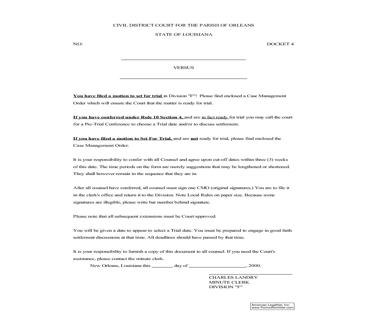 Case Management Order (Division F) | Pdf Fpdf Doc Docx | Louisiana