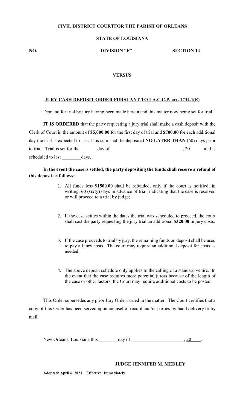 Jury Cash Deposit Order Pursuant To LACCP Art. 1734.1(E) | Pdf Fpdf Docx | Louisiana