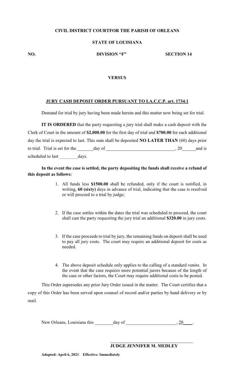 Jury Cash Deposit Order Pursuant To LACCP Art. 1734.1 | Pdf Fpdf Docx | Louisiana