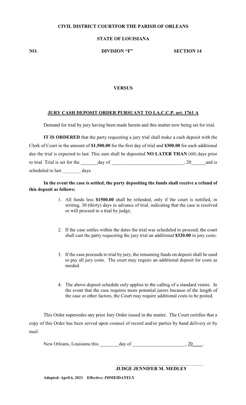 Jury Cash Deposit Order Pursuant To LACCP Art. 1761 A (6 Person) | Pdf Fpdf Docx | Louisiana