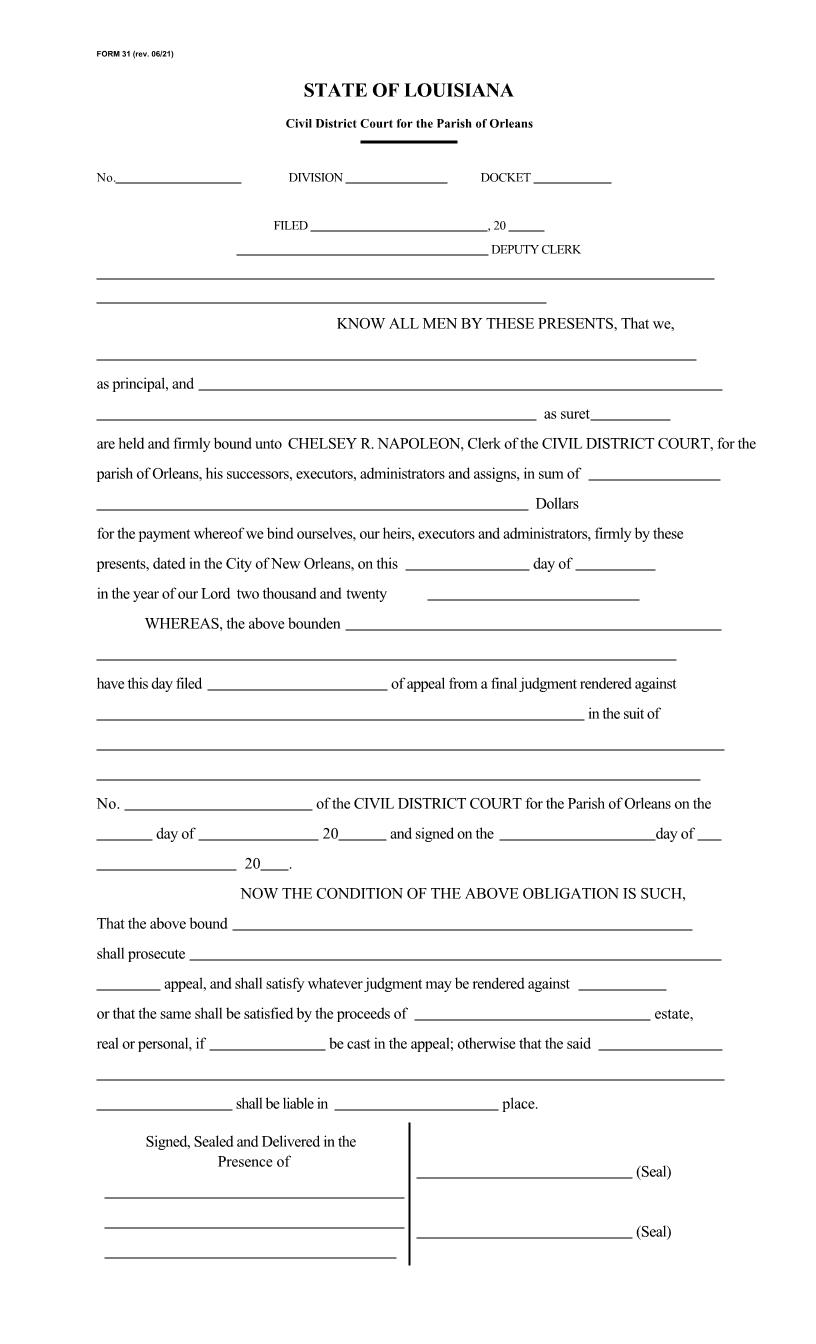 Appeal Bond {31} | Pdf Fpdf Doc Docx | Louisiana