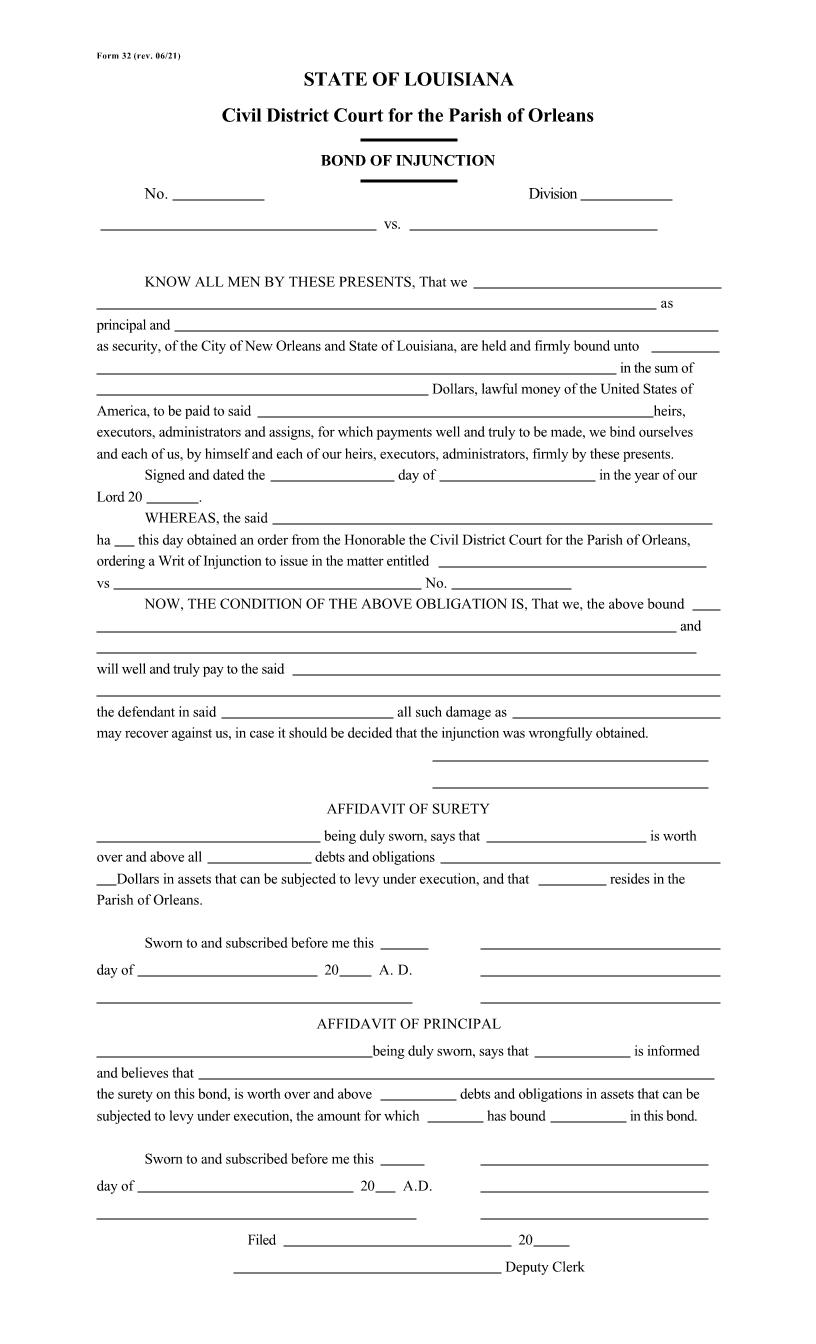 Bond Of Injunction {32} | Pdf Fpdf Doc Docx | Louisiana