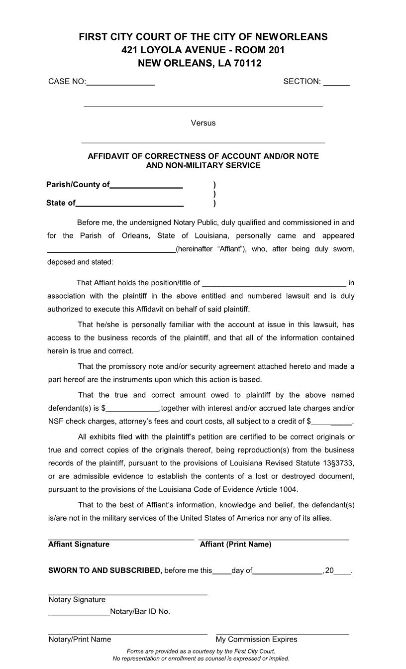 Affidavit Of Correctness Of Account And Or Note And Non Military Service {1038} | Pdf Fpdf Doc Docx | Louisiana
