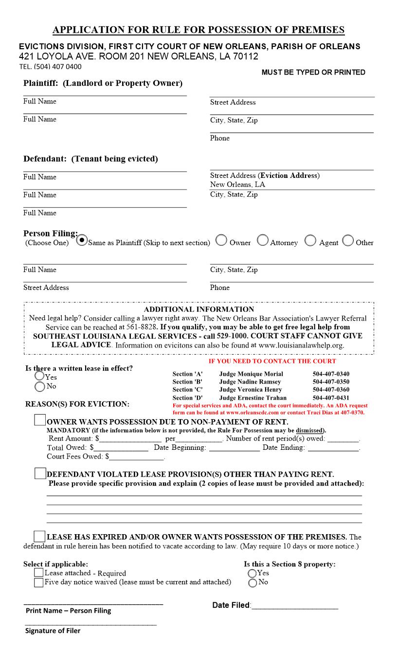 Application For Rule For Possession Of Premises | Pdf Fpdf Docx | Louisiana