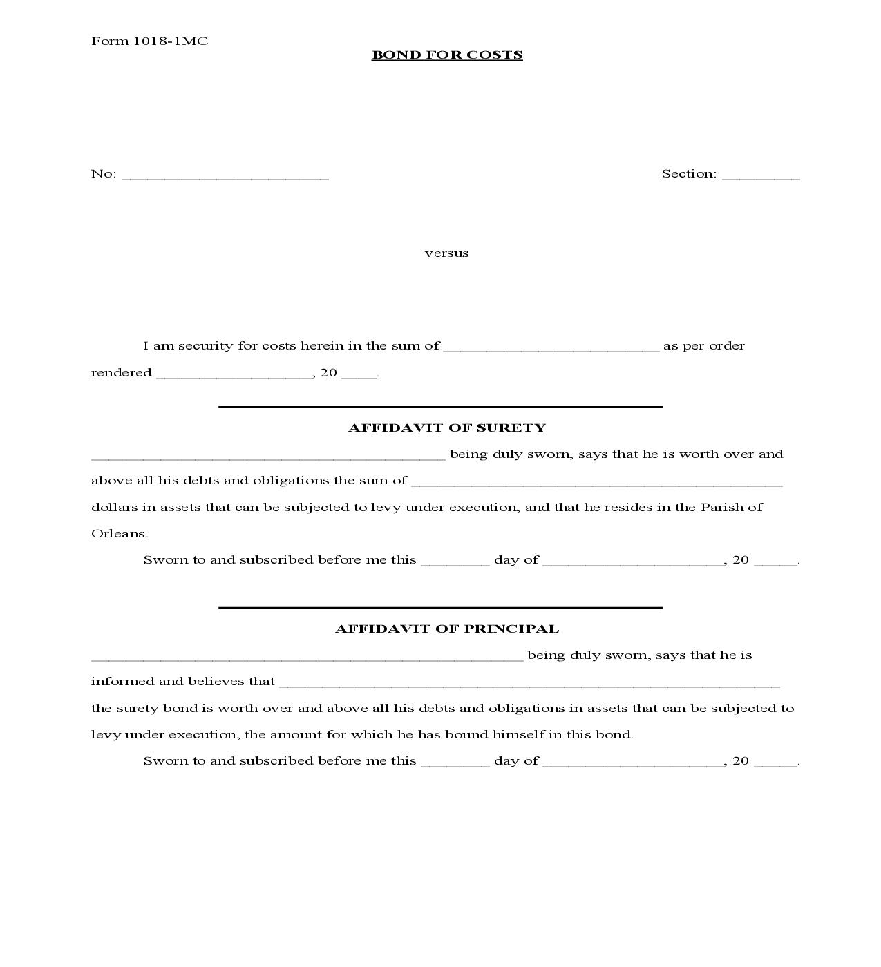 Bond For Costs {1018} | Pdf Fpdf Doc Docx | Louisiana