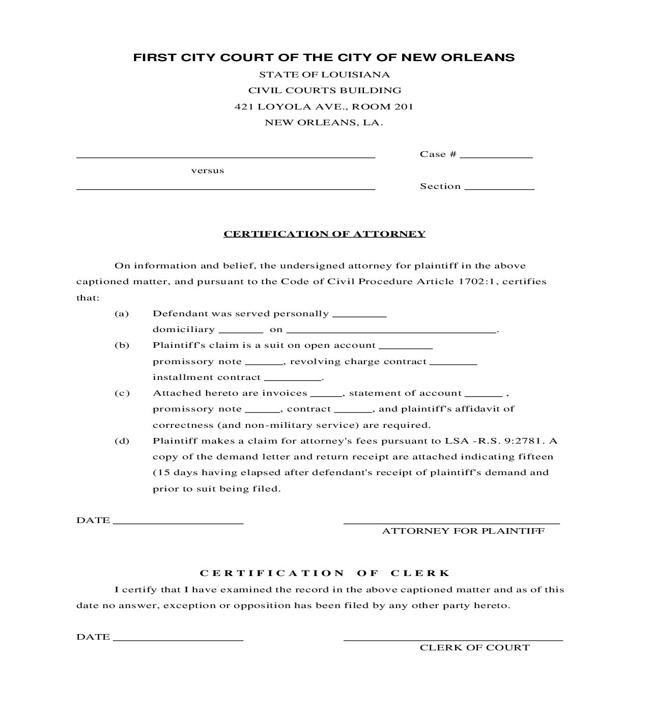Certification Of Attorney And Clerk (Default) | Pdf Fpdf Doc Docx | Louisiana