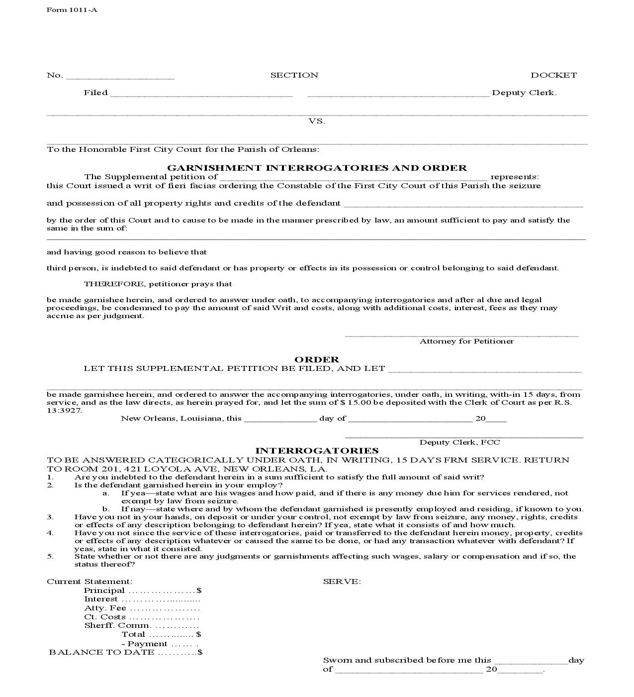 Garnishment Interrogatories And Order {1011} | Pdf Fpdf Doc Docx | Louisiana