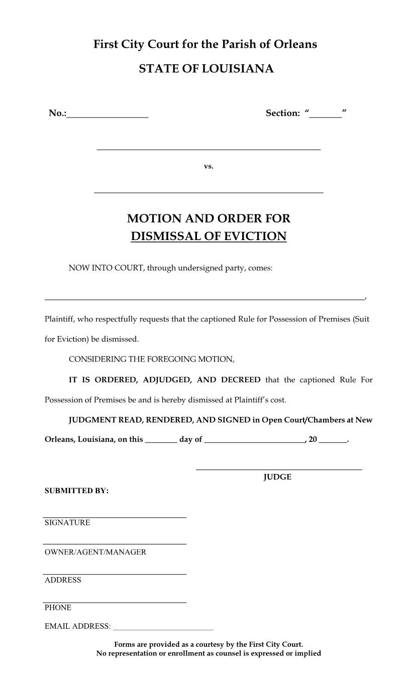 Motion And Order For Disimssal Of Eviction | Pdf Fpdf Docx | Louisiana