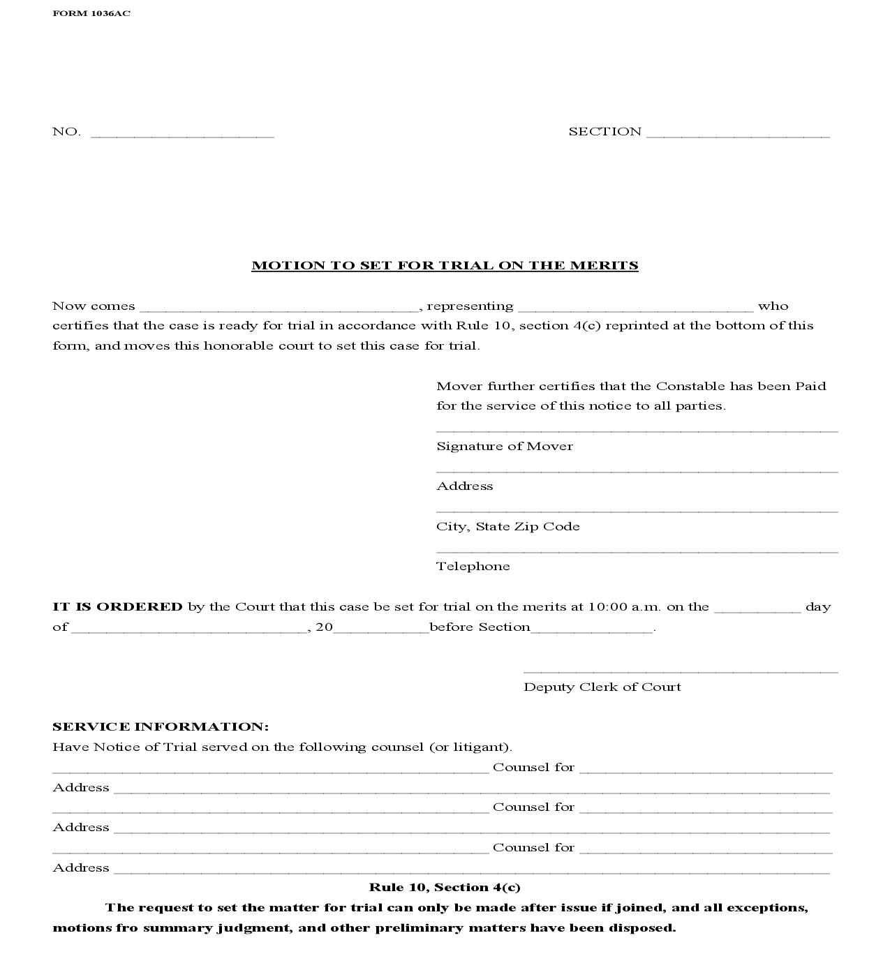 Motion To Set For Trial On Merits {1036} | Pdf Fpdf Doc Docx | Louisiana