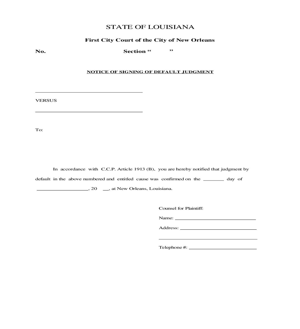 Notice Of Signing Of Default Judgment | Pdf Fpdf Doc Docx | Louisiana