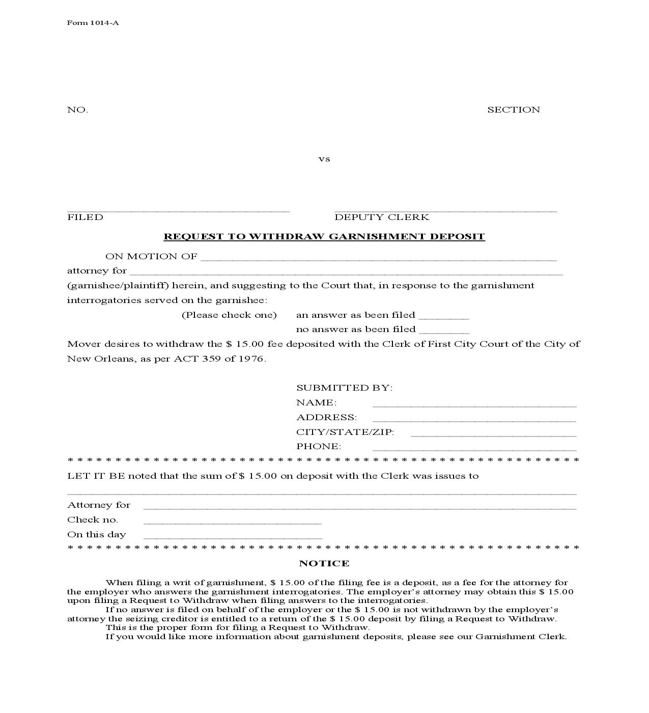 Request To Withdraw Garnishment Deposit {1014} | Pdf Fpdf Doc Docx | Louisiana