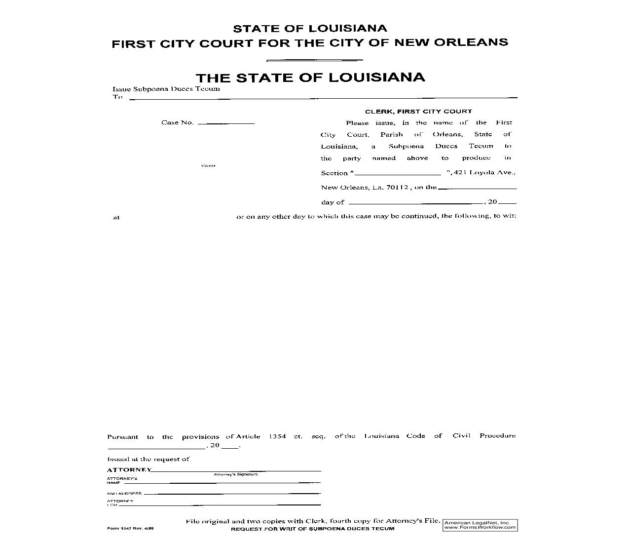 Subpoena Duces Tecum {1047} | Pdf Fpdf Doc Docx | Louisiana