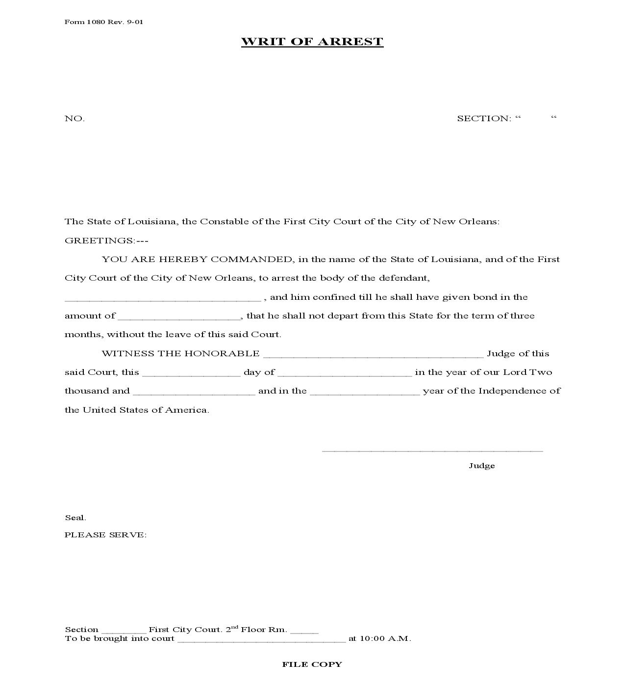 Writ Of Arrest {1080} | Pdf Fpdf Doc Docx | Louisiana