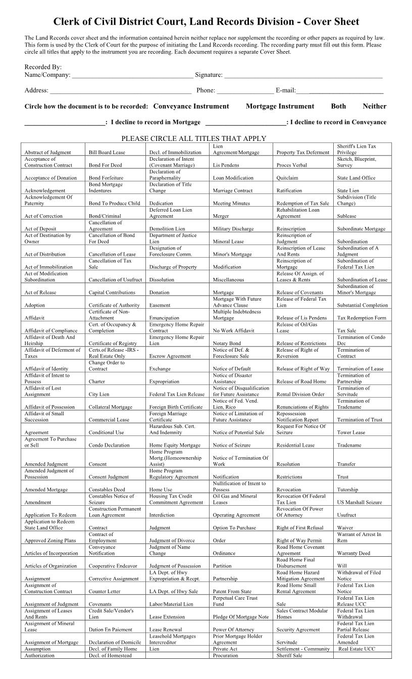 Land Records Division Cover Sheet | Pdf Fpdf Docx | Louisiana