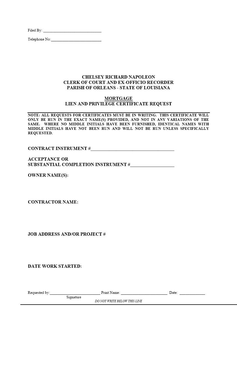 Mortgage Lien And Privilege Certificate Request | Pdf Fpdf Doc Docx | Louisiana