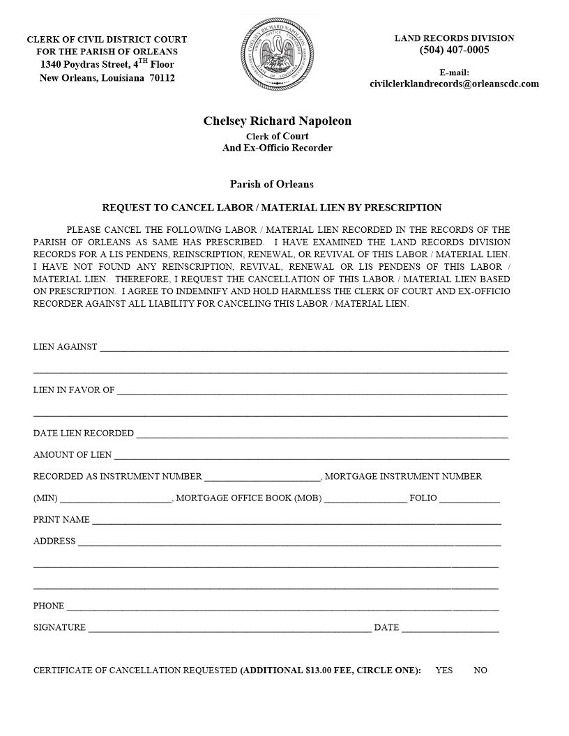 Request To Cancel Labor-Material Lien By Prescription | Pdf Fpdf Docx | Louisiana