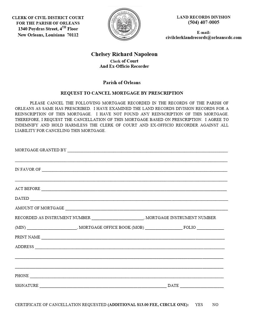 Request To Cancel Mortgage By Prescription | Pdf Fpdf Doc Docx | Louisiana