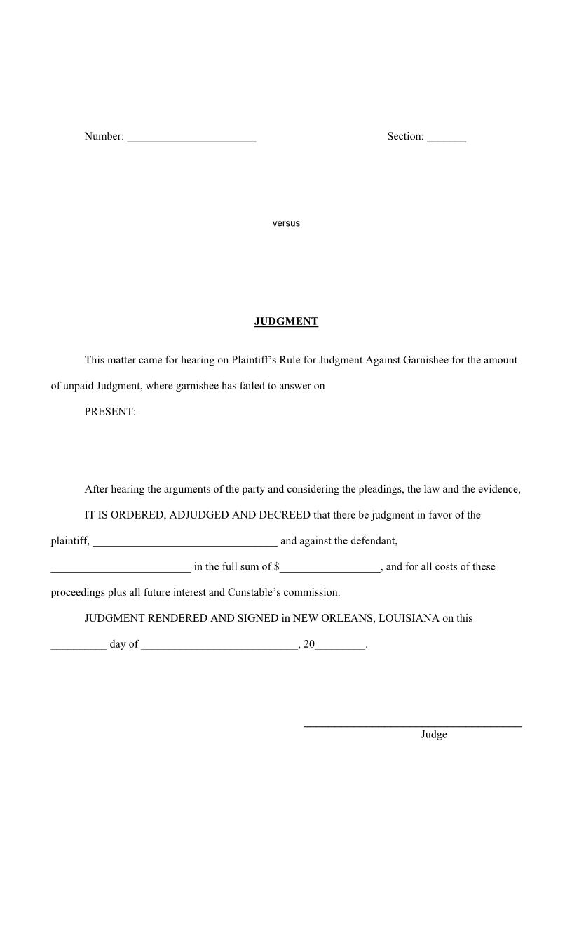 Judgment (Against Garnishee Failure To Answer) (Small Claims) | Pdf Fpdf Docx | Louisiana
