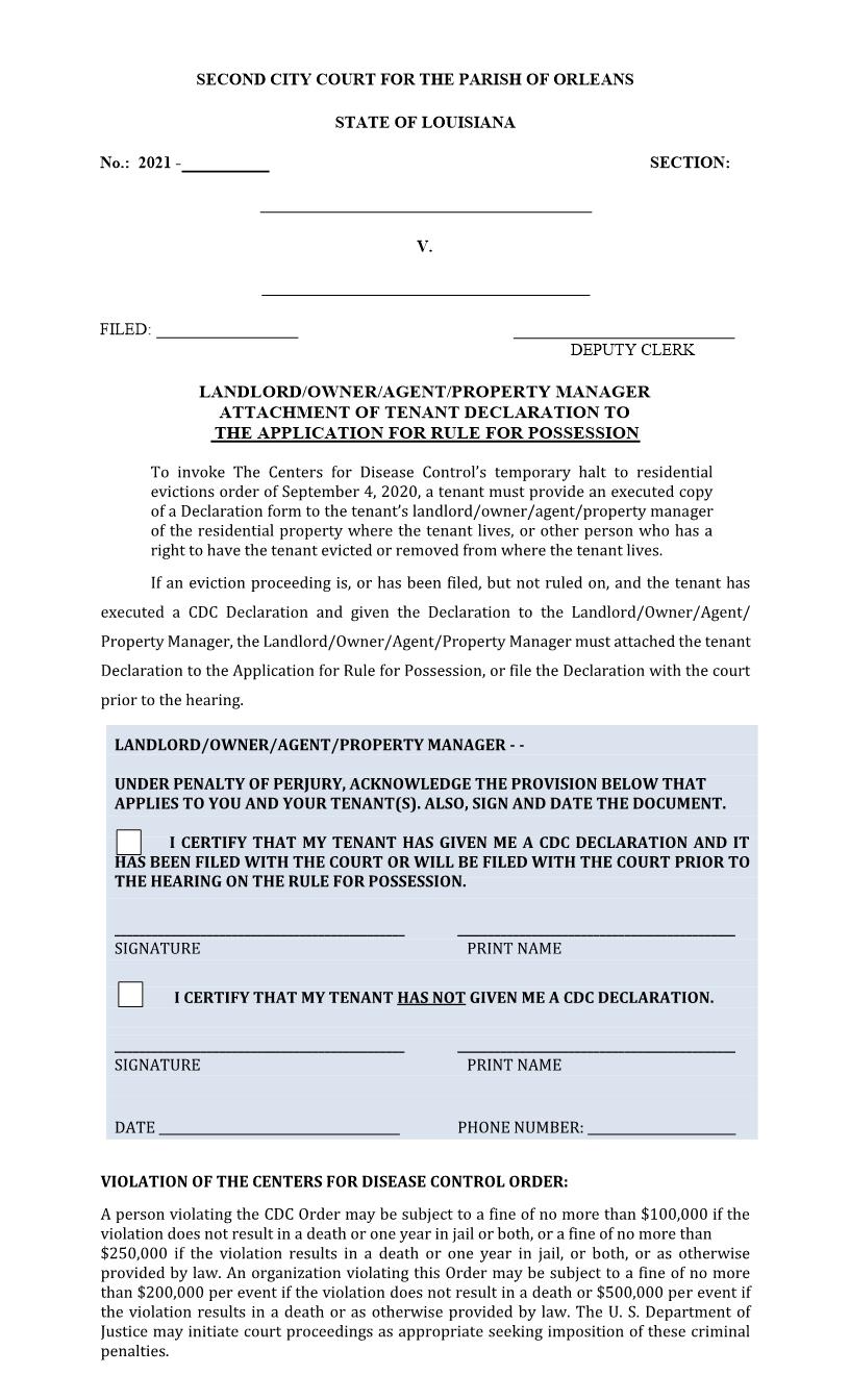 Landlord Attachment Tenant Declaration Application Rule For Possession | Pdf Fpdf Docx | Louisiana