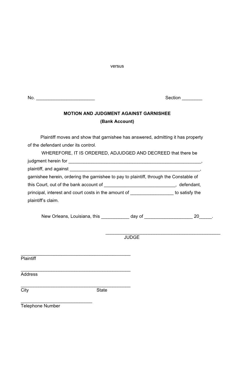 Motion And Judgment Against Garnishee (Bank Account) | Pdf Fpdf Docx | Louisiana
