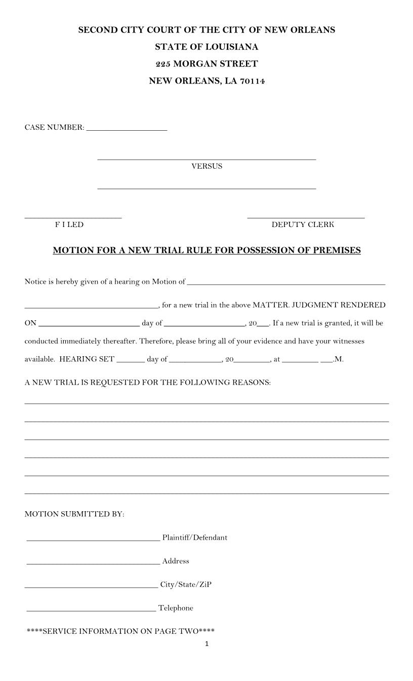 Motion For New Trial Rule For Possession Of Premises | Pdf Fpdf Docx | Louisiana