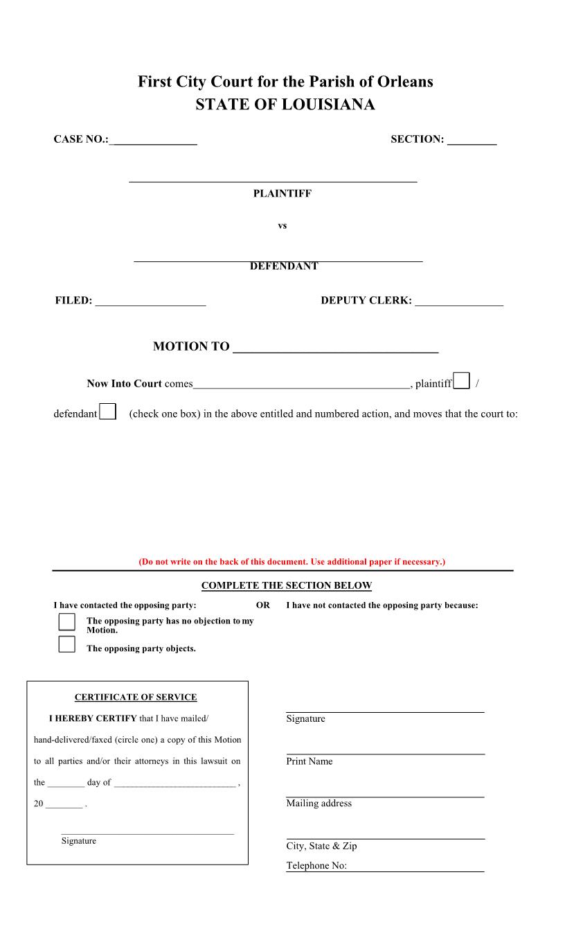 Motion To (Any Use) | Pdf Fpdf Docx | Louisiana