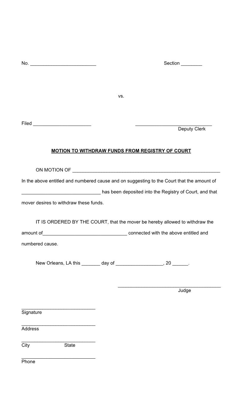 Motion To Withdraw Funds From Registry Of Court | Pdf Fpdf Docx | Louisiana